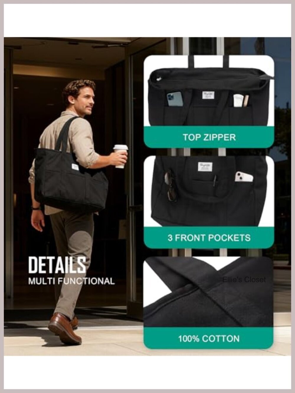 Extra Large Canvas Tote Bag with Zipper, Laptop Sleeve, Utility Work Tote - Picture 3 of 6